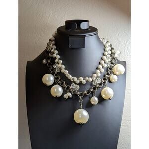 Plunder Antiqued Chain Three Strand Pearl Crystal Chunky Layered Toggle Necklace